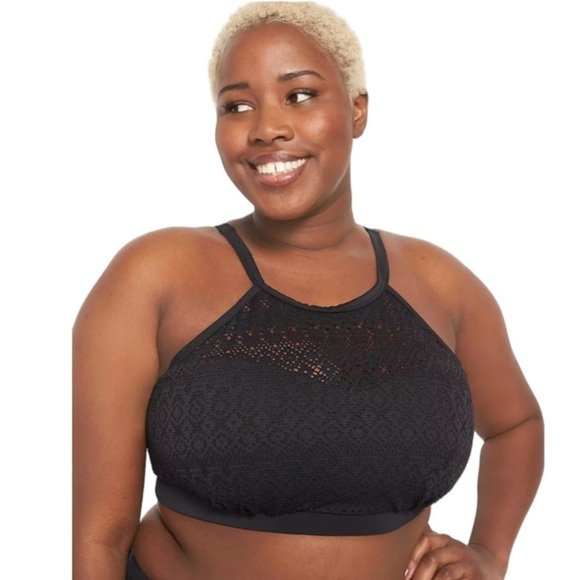Lane Bryant NWOT No-Wire Crochet High-Neck Swim Bikini Top- Black - Picture 1 of 5
